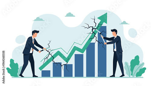 Businessmen trying to fix a broken financial graph.