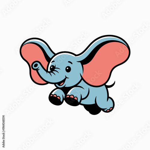 Blue Elephant Running with Large Pink Ears Isolated on White Background