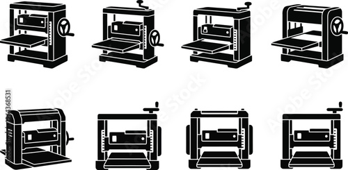 Set of Eight Black Silhouette Wood Planer Icons in Various Angles and Views Keywords: wood planer, thickness planer, power tool, woodworking tool, joiner, carpentry tool, workshop equipment
