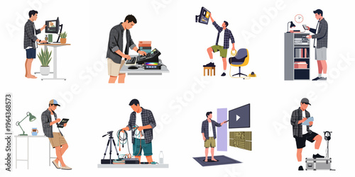 Set of illustrations featuring a male professional engaged in various video production, audio engineering, and technical media creation tasks in diverse workspace environments.