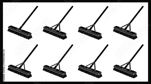 Eight Black Silhouette Broom Icons with Long Handles and Wide Brush Heads Keywords: broom, cleaning tool, sweeping brush, dustpan brush, silhouette, icon, set, collection, tool, equipment