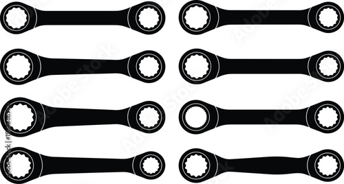 Set of Eight Black Silhouette Combination Wrenches with Different Sized Openings Keywords: wrench, spanner, combination wrench, tool, hand tool, mechanic tool, automotive tool, hardware