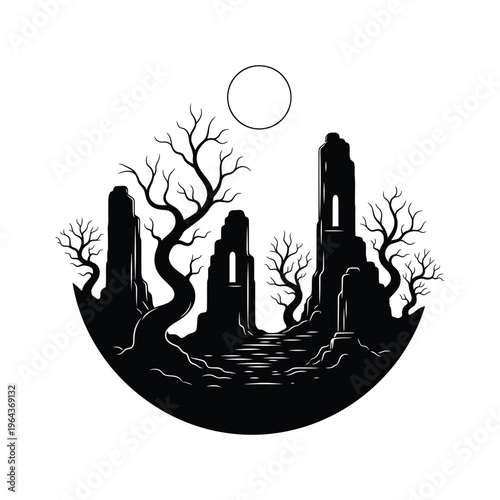 Black silhouette of ruined towers landscape.