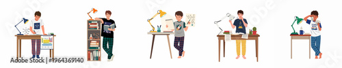 Collection of flat illustrations depicting boys and teenagers studying various science subjects like chemistry and physics at home using books and charts.