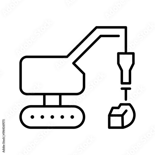 Hydraulic breaker icon. Industry and construction equipment line symbol. Black and white.