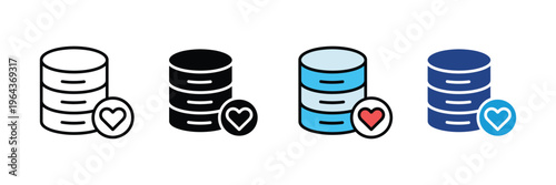 Database server with heart symbol for favorite data storage, cloud computing hosting and server management icon set. Information technology network symbol. Vector Illustration.
