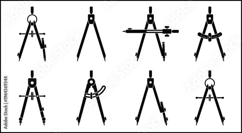 Assortment of Black Silhouette Icons for Drawing Compasses and Dividers drafting tool geometry tool