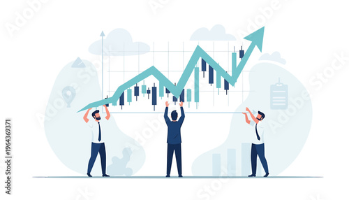 Three businessmen holding up a rising stock market graph.