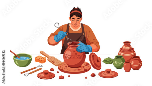 Ceramic Craft: A focused individual skillfully shaping a ceramic pot, surrounded by the tools and materials of their craft.
