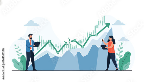 Two business people analyzing financial stock market graph with upward trend.