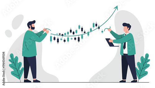 Two businessmen analyzing stock market financial trading graph.