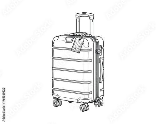 Rolling suitcase with luggage tag, travel baggage line art style vector illustration