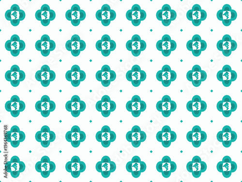 Seamless pattern, a modern abstract vector design with elegant teal and turquoise geometric shapes, quatrefoils, accented by diamonds on a crisp white background, ideal for fabric, textile,