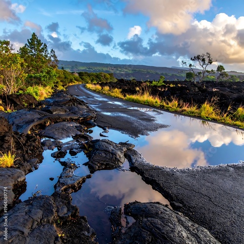 Road Through Lava Field Reflecting Sky in Hawaii Volcanoes National Park.