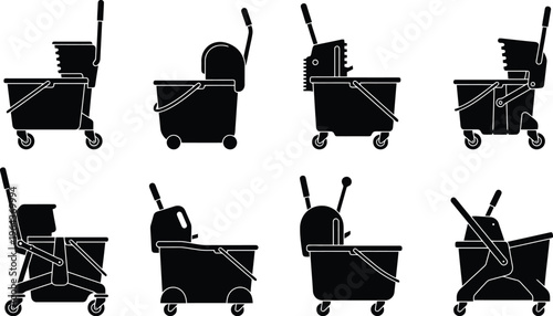 Assortment of Mop Bucket Cart Silhouettes in Diverse Configurations cleaning cart janitorial cart
