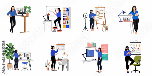 Collection of Flat Illustrations Depicting a Professional Woman Working Remotely, Leading Virtual Meetings, and Delivering Online Presentations from Various Home Office Settings