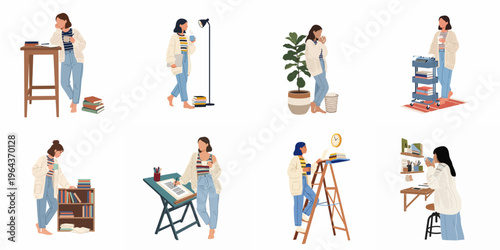 Collection of flat vector illustrations showing a young woman working, studying, and relaxing in a cozy home environment with coffee and books.