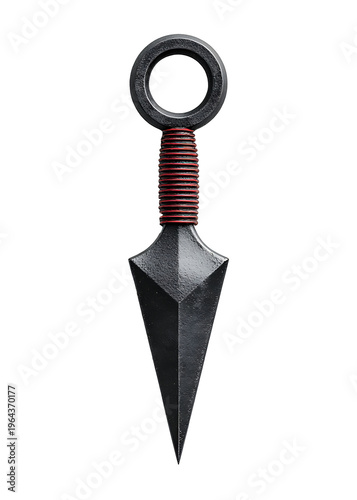 A shuriken throwing star with a red handle is displayed up close on a white background.