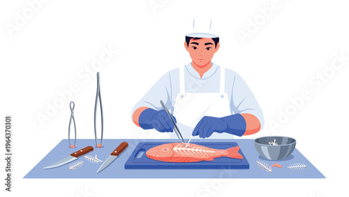 Culinary precision in the kitchen: A chef's focused expertise is seen as he meticulously works on a fish in a professional setting.