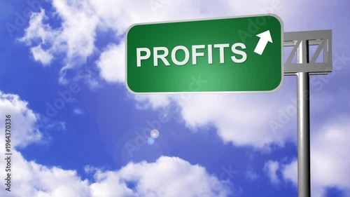 Animation of purple blob over road sign with profits text and arrow