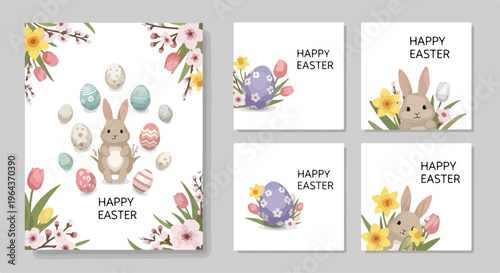 Set of 5 Happy Easter vector social media post templates with bunnies, eggs, and spring flowers