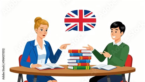 English Language Learning and Teaching - Teacher and Student with Books.