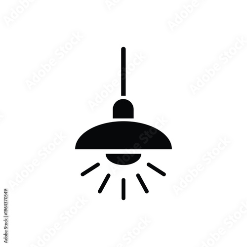 Lamp icon illustration, hanging light fixture, ceiling lighting symbol, black minimal design with glowing rays, modern interior concept isolated on light background