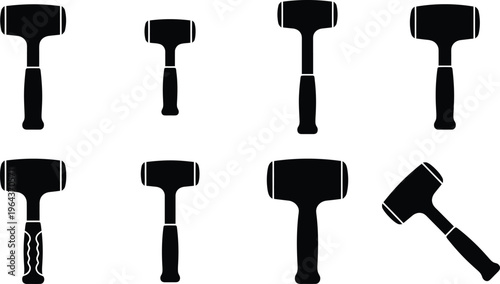 Collection of black silhouette icons of mallets in various sizes and orientations on a white background