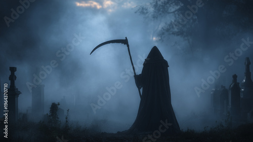 Grim reaper silhouette in foggy graveyard with scythe, dark fantasy scene, eerie atmosphere, death symbolism with mist and dramatic lighting.