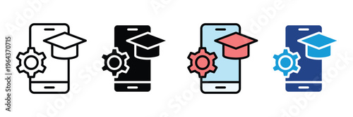 Smartphone with graduation cap and gear for mobile learning, educational app and online study setting icon set. E-learning technology and academic tutorial symbol. Vector Illustration.