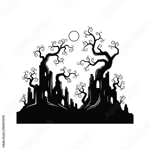 Black silhouette of castle ruins trees.