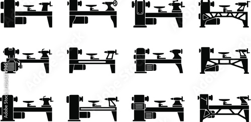 Collection of Black Silhouette Wood Lathes with Motors and Tool Rests woodworking machine