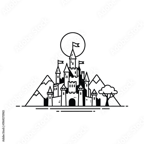 Fantasy Castle with Towers and Flags.