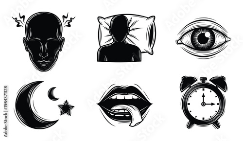 Sleep disorder illustration with insomnia, dreaming, eye, night, mouth, and alarm clock in black and white vector design