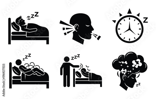 Sleep disorder pictograms set snoring, insomnia, sleepwalking, somniloquy, nightmares and disturbed rest