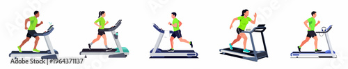 Flat vector illustration set of diverse people running and exercising on treadmills for fitness and cardio workouts isolated on a white background.
