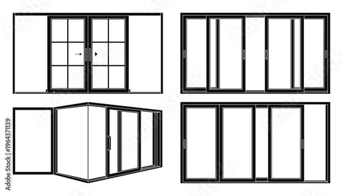 Sliding doors vector illustration, different sliding door configurations with multiple panels and grid patterns