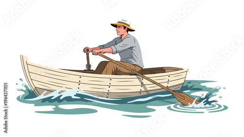 Serene Rowing on the Water: A person gracefully rows a boat through tranquil waters, the oar strokes creating gentle ripples as they navigate towards the horizon.