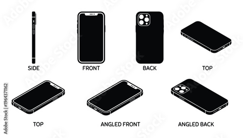 Smartphone views front, back, side, and angled, illustrating a modern mobile device from different perspectives