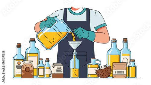 Oil Filling Process: A person meticulously pours oil from a beaker into a funnel for bottling, showcasing precision and care in the production process of various oils. 