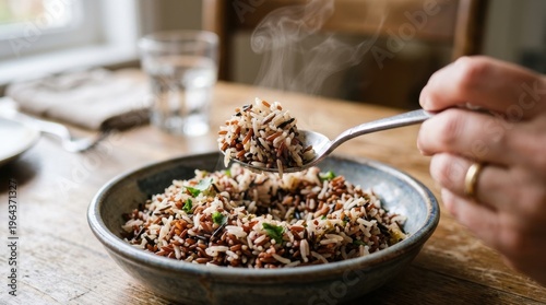 Hand holding spoon with steaming wild rice in rustic kitchen setting