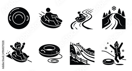 Snow tubing vector icons set. Winter outdoor sport activities tubing hill, fun with tube for kids and adults illustration