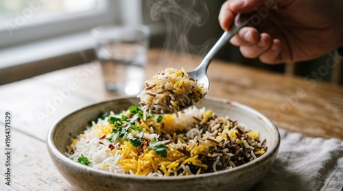 Steaming rice dish with herbs served in rustic bowl on wooden table