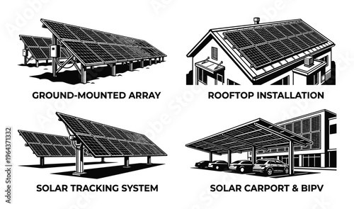 Solar panels installation types: Ground-mounted array, rooftop installation, solar tracking system, solar carport BIPV
