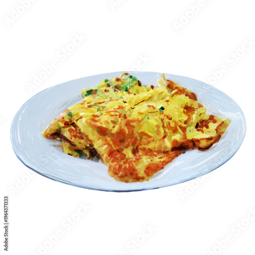 Hand-painted Taiwanese style fried egg with spring onions (scallion omelet) on a white plate, isolated on transparent background.