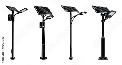 Solar streetlights vector illustration, includes panels and lamps of various designs and styles on poles.