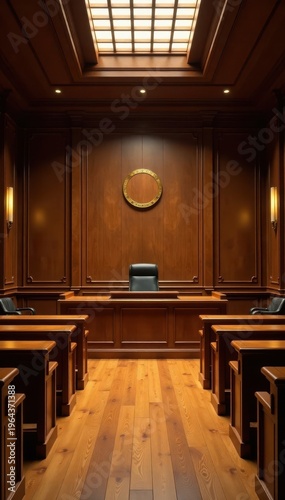 Empty wooden courtroom with a large wooden bench in center, hallway, courtroom