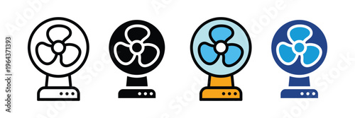 Electric table fan for cooling ventilation and home appliance climate control icon set. Summer air flow and rotating blower symbol. Vector Illustration.