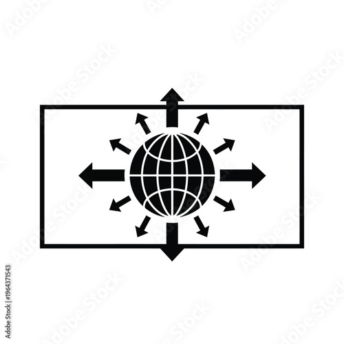 Illustration of vector arrows pointing out from a globe within a rectangle