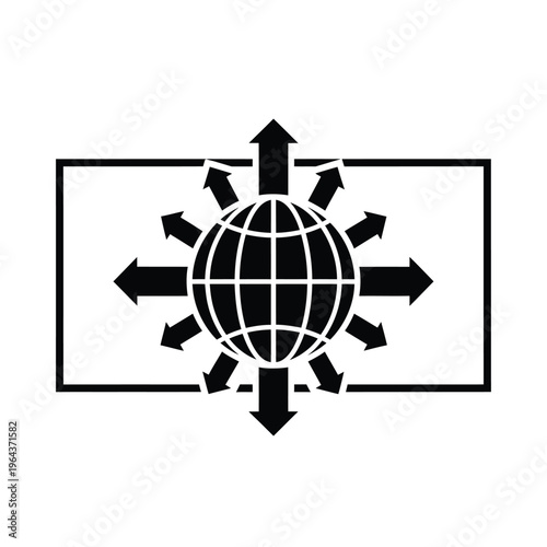 Illustration of vector arrows pointing out from a globe within a rectangle